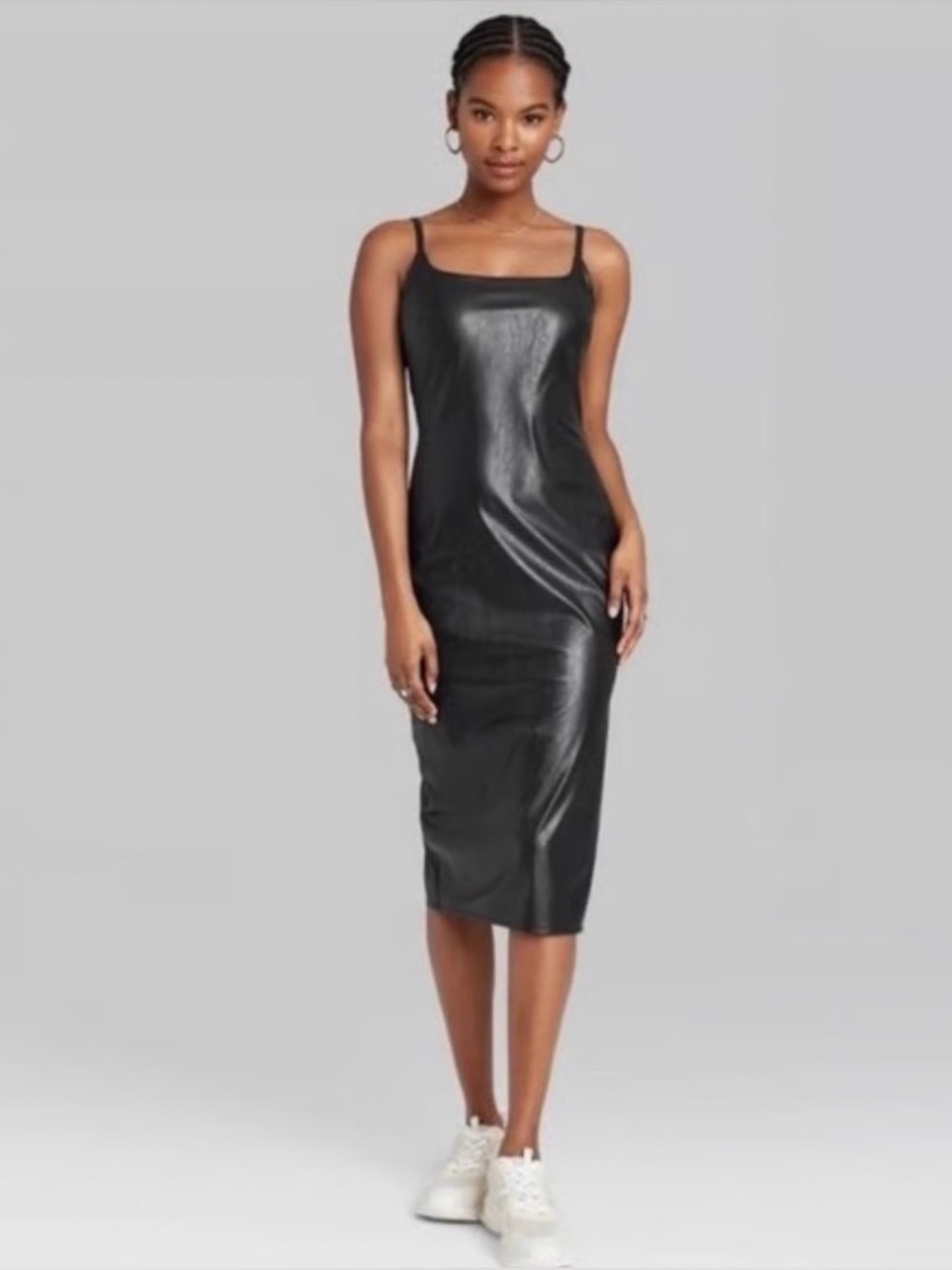 Faux Leather Bodycon Midi Dress Black Size S Edgy Minimalism 90s Grunge Mob Wife